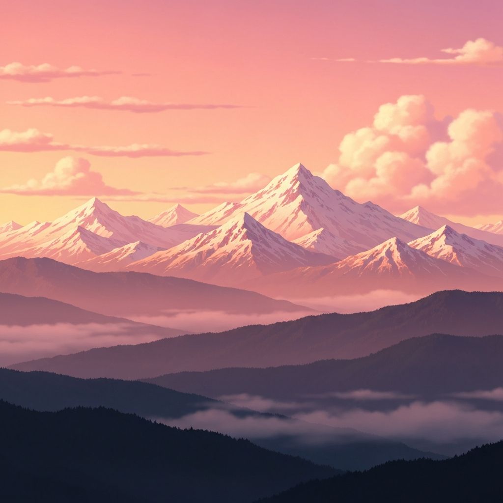 Anime-style mountain sunset landscape