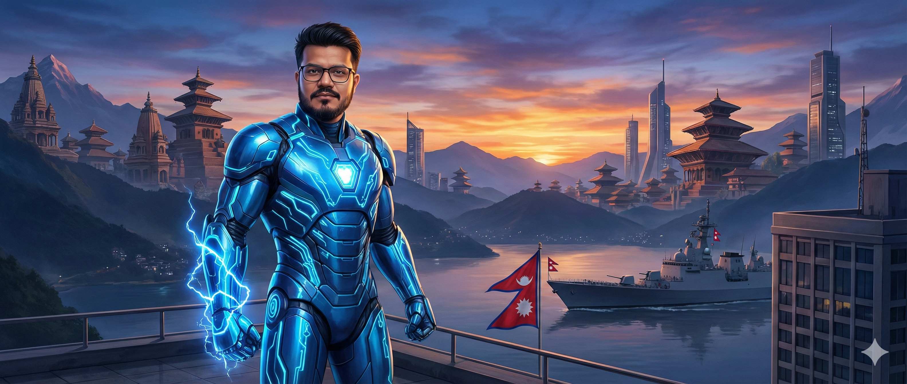 Chiranjivi Poudel - digital illustration with Nepal backdrop